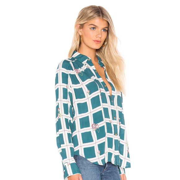 Free People Window To My Heart Button Down Sz Small Green Oversized Windowpane - Picture 2 of 9